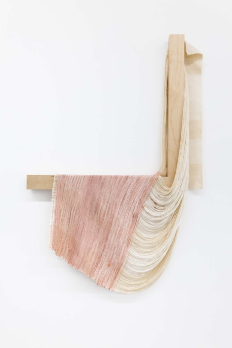 Weaving (Remains), 2023, Handwoven, Hand-dyed (Madder) rayon, cotton, maple, 27.5 x 40 x 3
