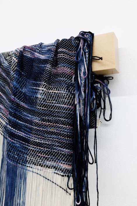 Weaving (detaching), 2024, Handwoven, hand-dyed (Indigo), bamboo, cotton, maple, 46" x 24" x 2.25"