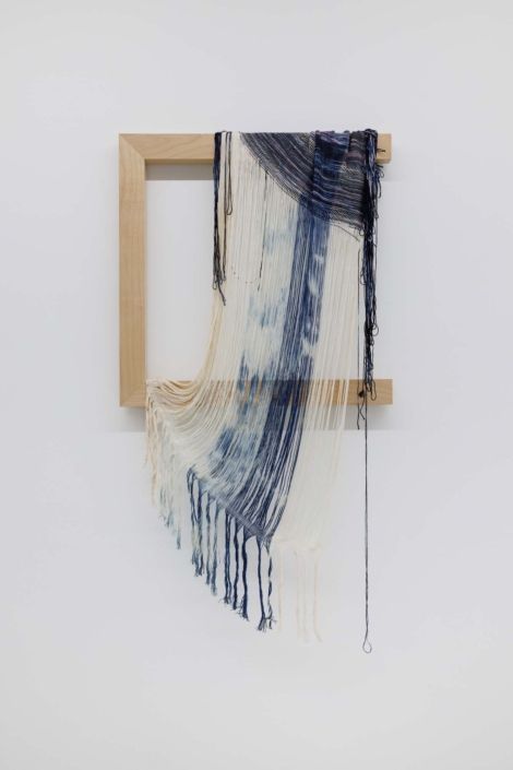 Weaving (detaching), 2024, Handwoven, hand-dyed (Indigo), bamboo, cotton, maple, 46" x 24" x 2.25"