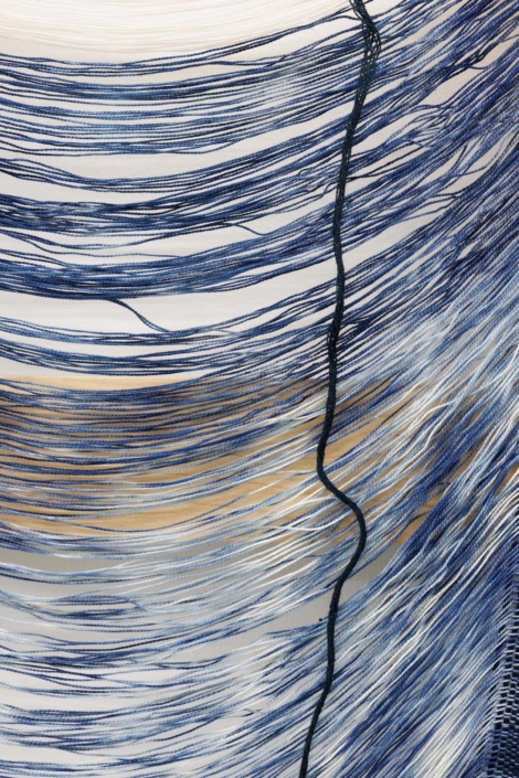 Weaving (release), 2024, Handwoven, indigo-dyed cotton, hand-dyed tensel, maple, 26 x 61 x 1.5 in