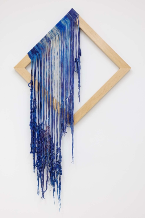 Weaving (Release), 2026 Maple wood, Hand-woven and dyed cotton, rayon, 57 x 34 x 3.5 in. 