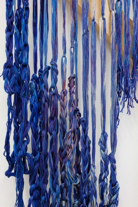 Weaving (Release), 2026 Maple wood, Hand-woven and dyed cotton, rayon, 57 x 34 x 3.5 in. 