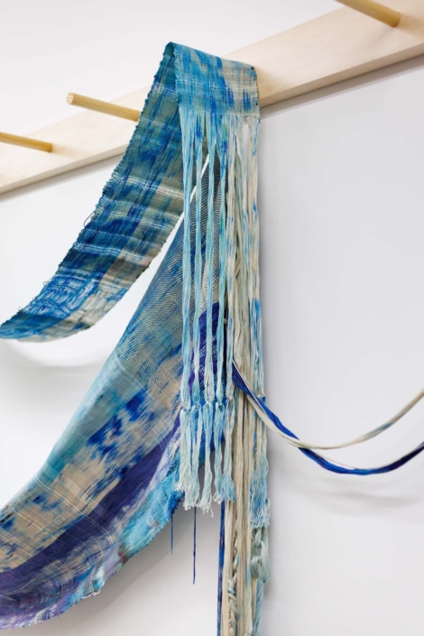 Weaving (Pulling through), 2026, Maple wood, Hand-woven and dyed cotton, rayon, 96 x 8 x 80 in. 