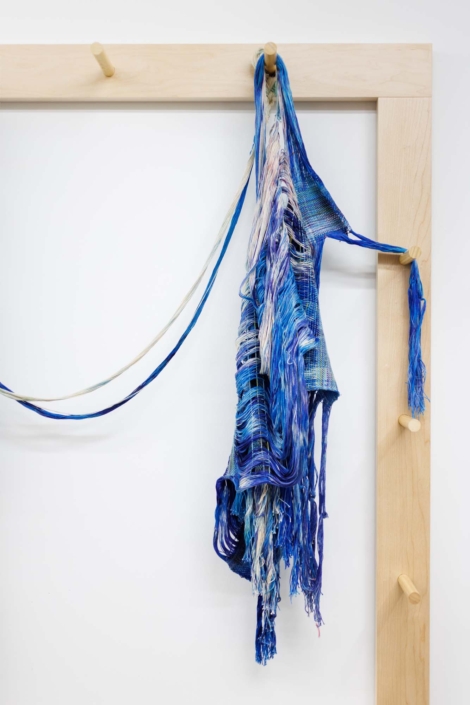 Weaving (Pulling through), 2026, Maple wood, Hand-woven and dyed cotton, rayon, 96 x 8 x 80 in. 