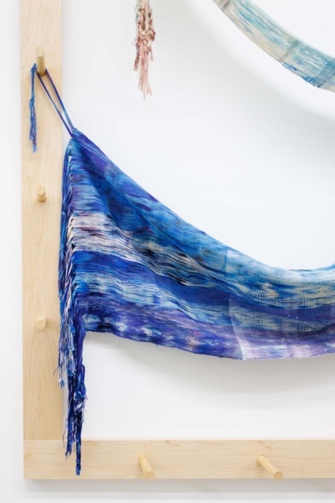 Weaving (Pulling through), 2026, Maple wood, Hand-woven and dyed cotton, rayon, 96 x 8 x 80 in. 