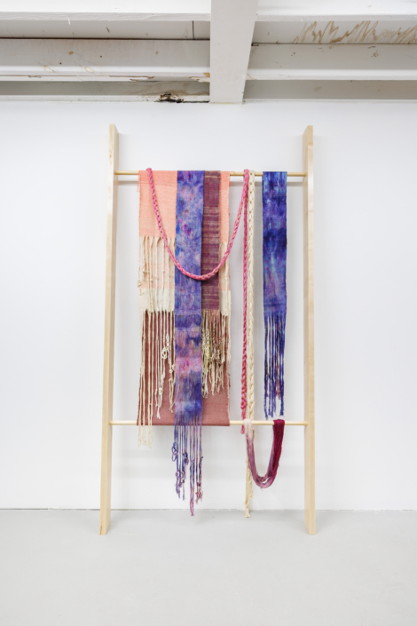Weaving (Support System), 2026, Maple wood, Hand-woven and dyed cotton, rayon, silk, 8 ft x 4 ft 