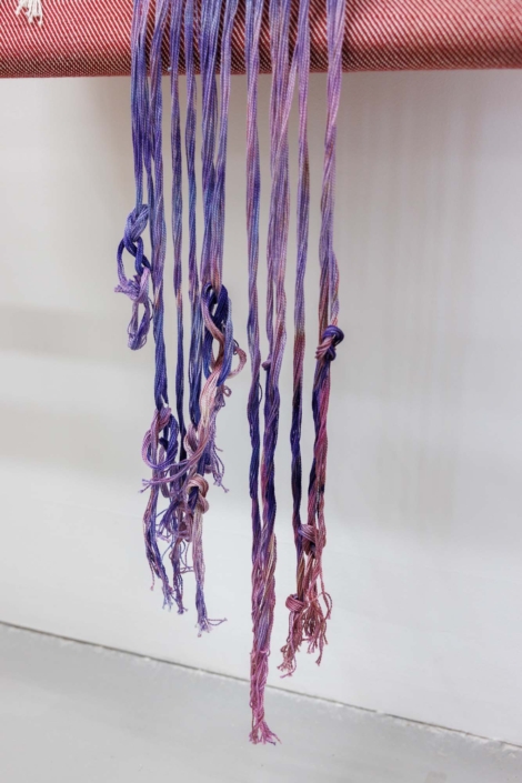 Weaving (Support System), 2026, Maple wood, Hand-woven and dyed cotton, rayon, silk, 8 ft x 4 ft 