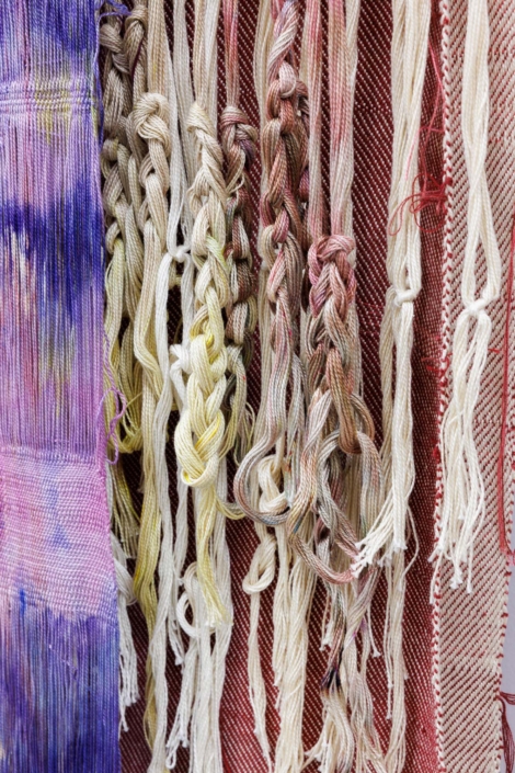 Weaving (Support System), 2026, Maple wood, Hand-woven and dyed cotton, rayon, silk, 8 ft x 4 ft 