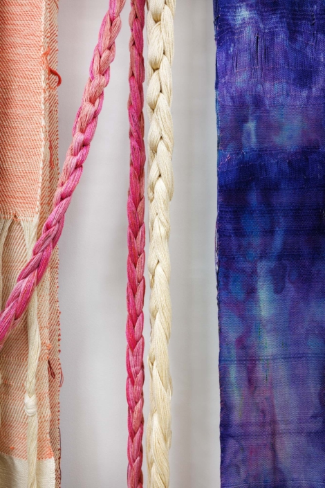 Weaving (Support System), 2026, Maple wood, Hand-woven and dyed cotton, rayon, silk, 8 ft x 4 ft 