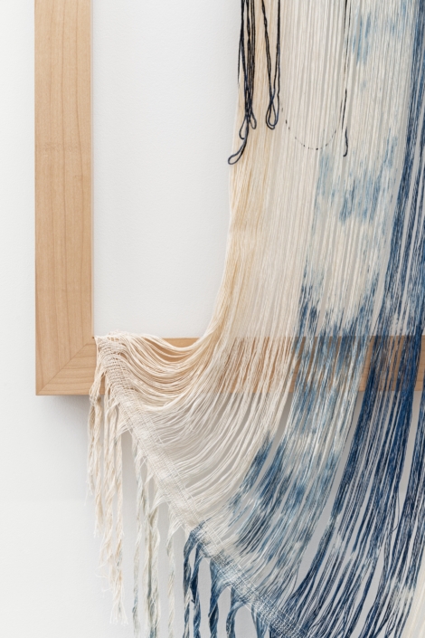 Weaving (detaching), 2024, Handwoven, hand-dyed (Indigo), bamboo, cotton, maple, 46" x 24" x 2.25"