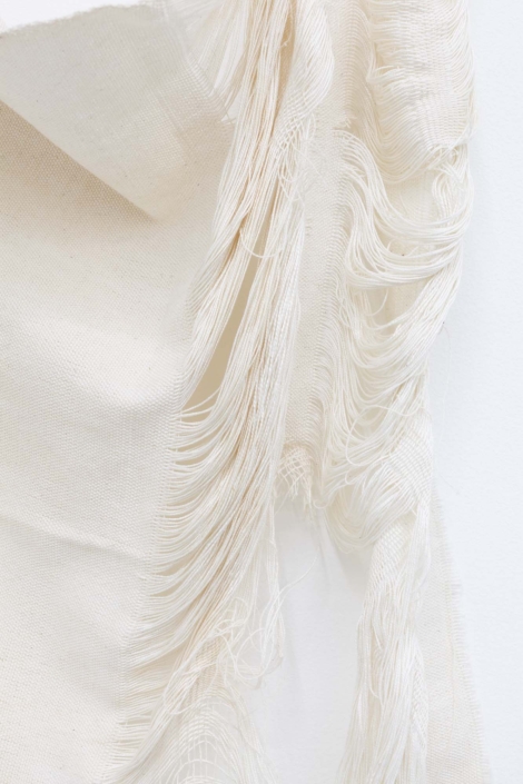 Unravel Remnant, detail, 2023. Handwoven cotton canvas, maple, 42 x 24 in.