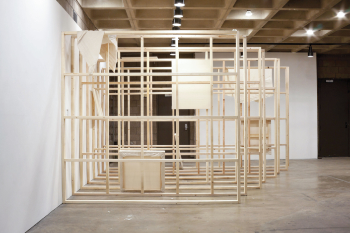 Frances Trombly & Leyden Rodriguez-Casanova. The Fabric of a Space, 2012. Wood, hand woven canvas, steel. Dimensions variable. Site specific installation Abrons Center, New York, NY, USA. Collaboration with Leyden Rodriguez-Casanova under the alias: Trombly Rodriguez