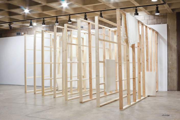 Frances Trombly & Leyden Rodriguez-Casanova. The Fabric of a Space, 2012. Wood, hand woven canvas, steel. Dimensions variable. Site specific installation Abrons Center, New York, NY, USA. Collaboration with Leyden Rodriguez-Casanova under the alias: Trombly Rodriguez