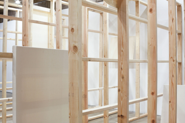 Frances Trombly & Leyden Rodriguez-Casanova. The Fabric of a Space, 2012. Wood, hand woven canvas, steel. Dimensions variable. Site specific installation Abrons Center, New York, NY, USA. Collaboration with Leyden Rodriguez-Casanova under the alias: Trombly Rodriguez